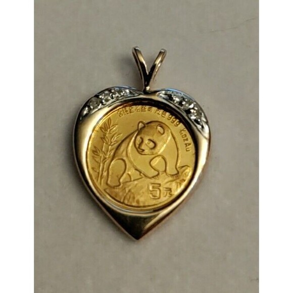 14 K Yellow Gold Panda 5 Yuan Heart Pendant With 6 Small...